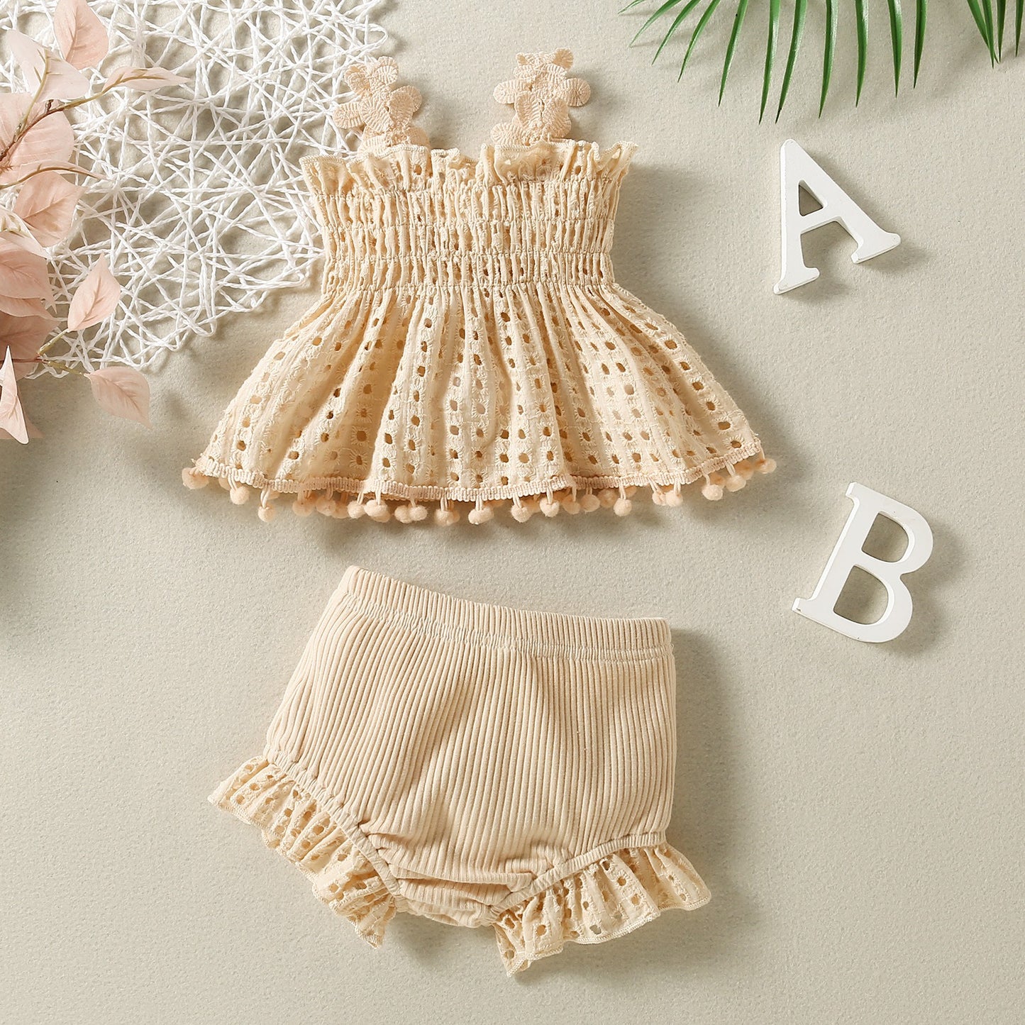 Cotton mesh high-temperature dyed apricot lace hanging doll shirt with ten shorts for women, infants and young children fashion
